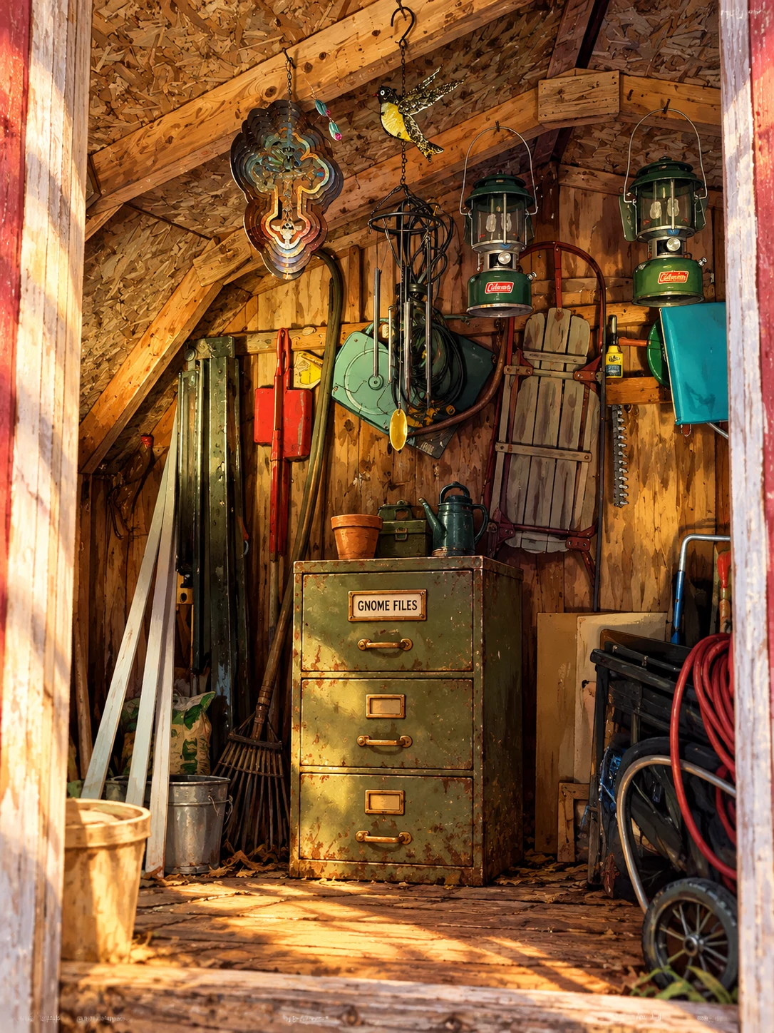 The Gnome Files cabinet inside the shed