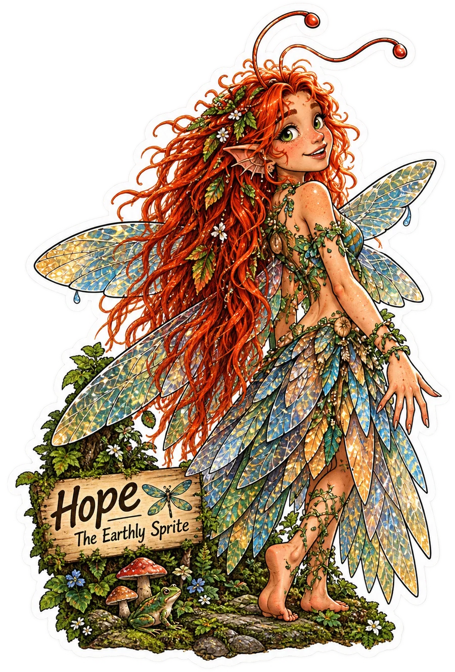 Hope the Earthly Sprite with a small frog sticker