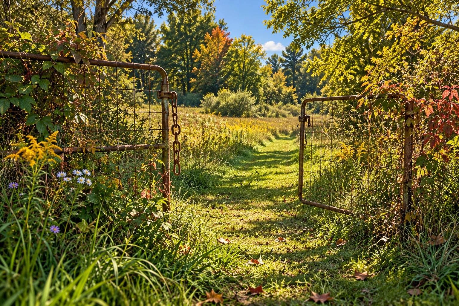 An open old farm gate leading into the flowering Walkabout landscape