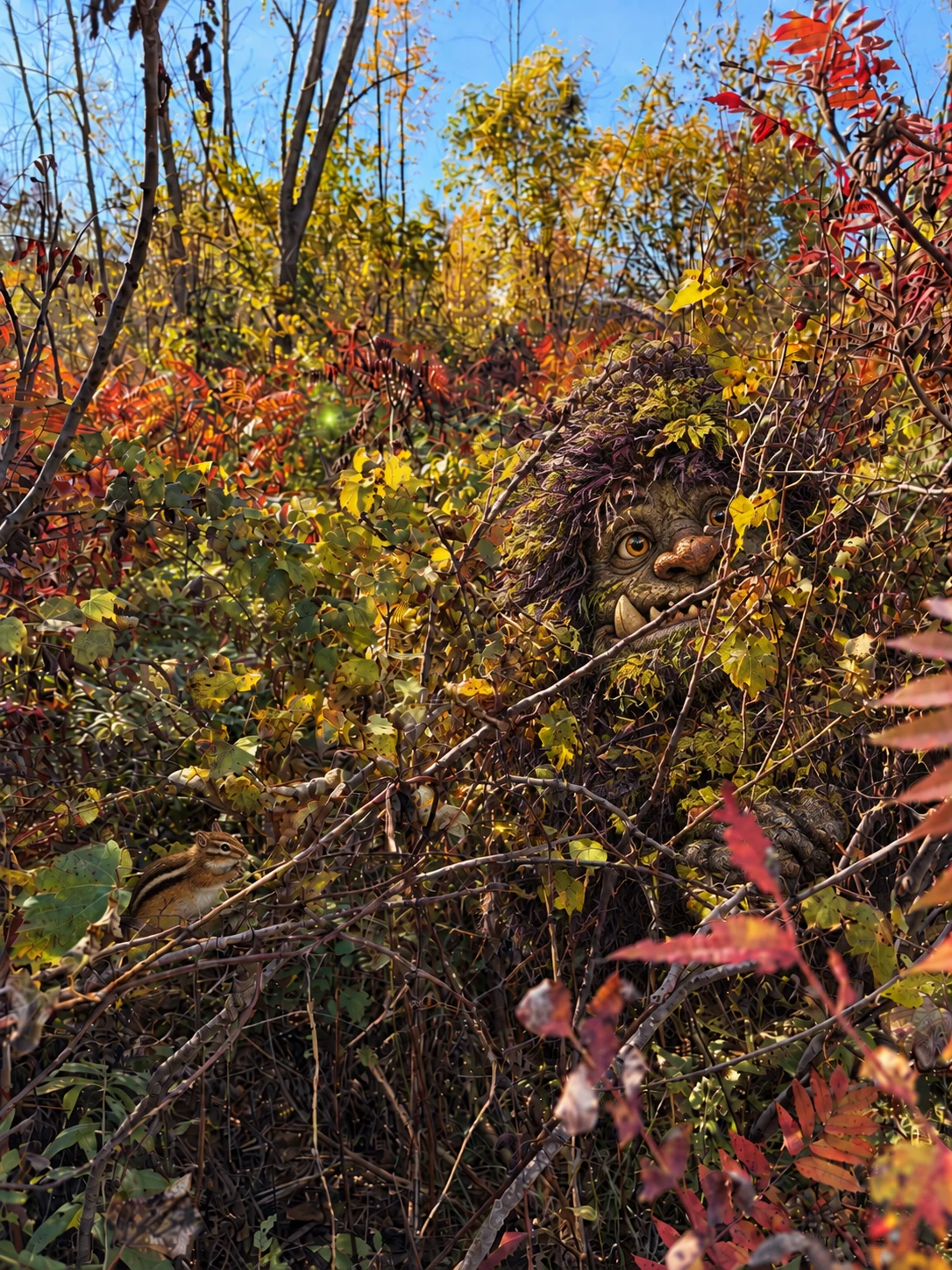Rumpy peeking from autumn leaves while a chipmunk watches nearby