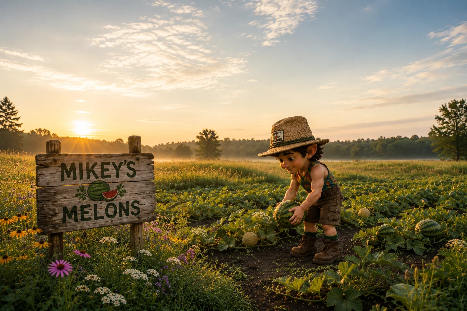 Mikey G gathering a melon at golden sunrise beside the Mikey’s Melons sign