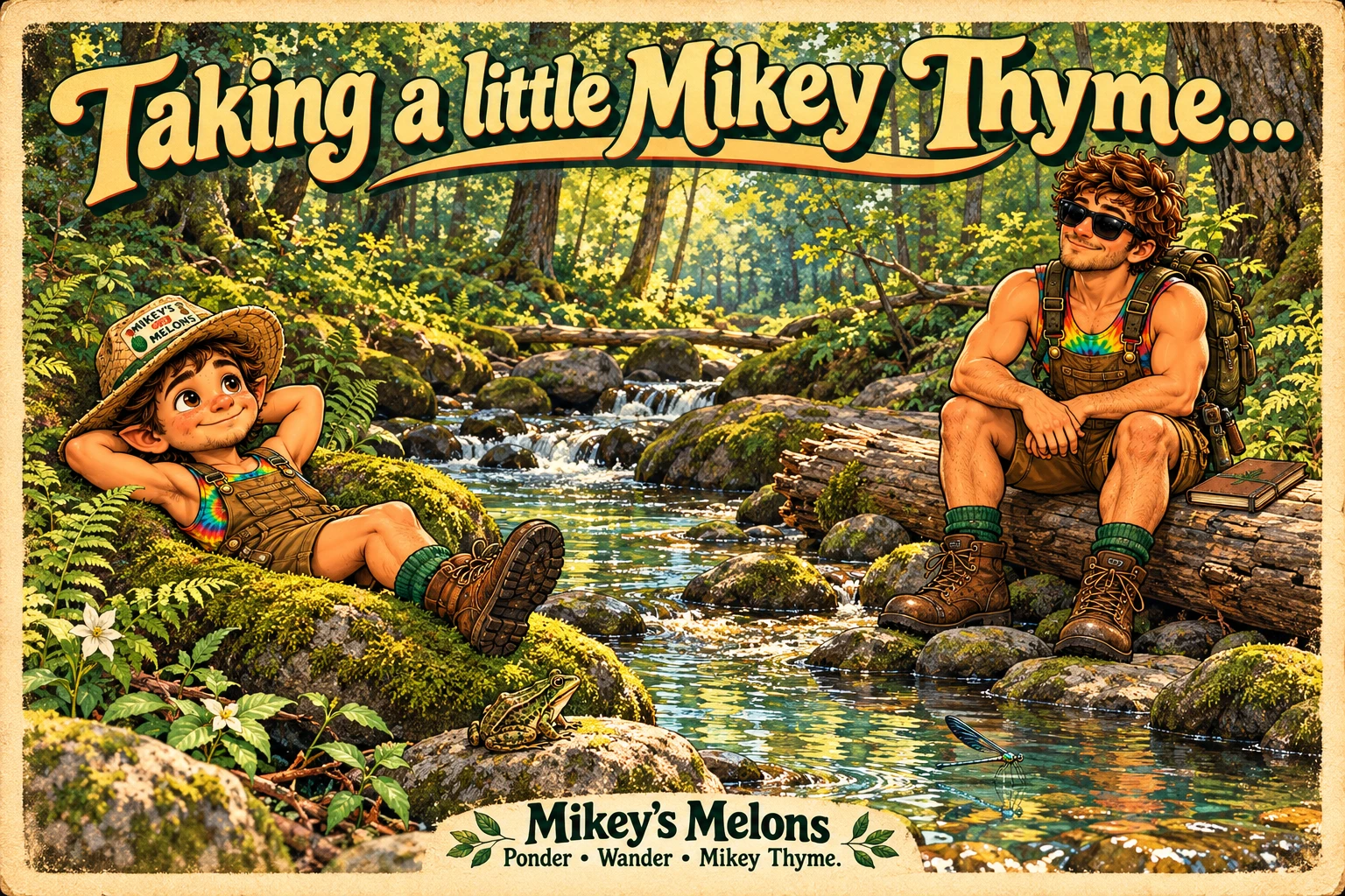 Mikey G and Biff taking a little Mikey Thyme beside the creek