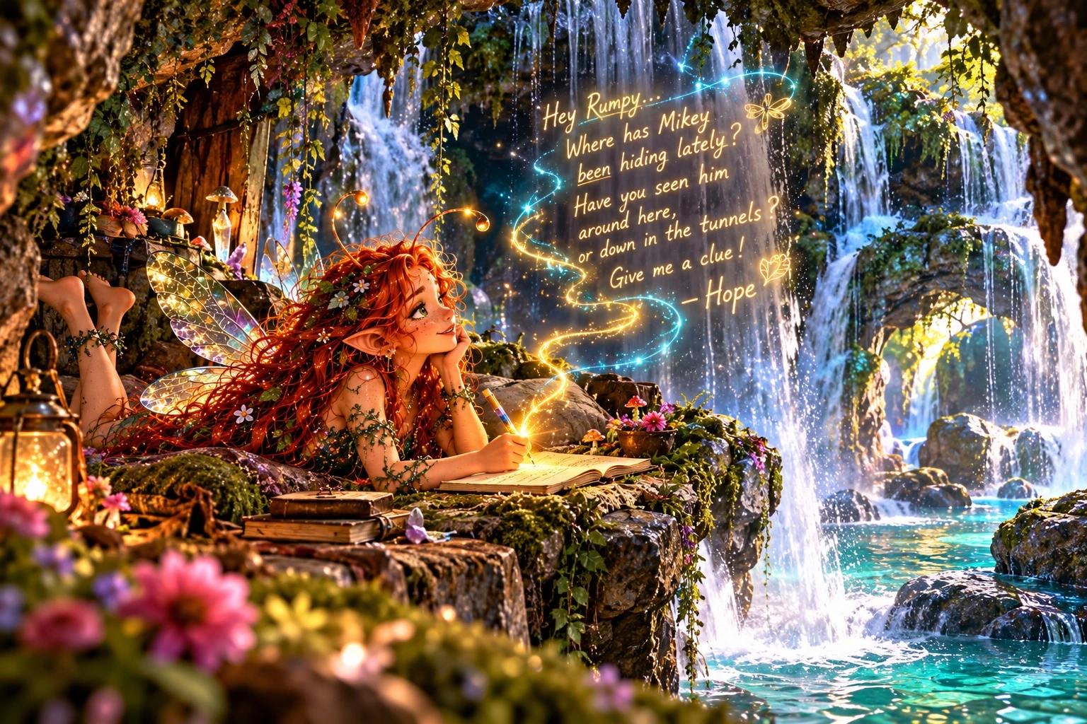A note beside the falling water.