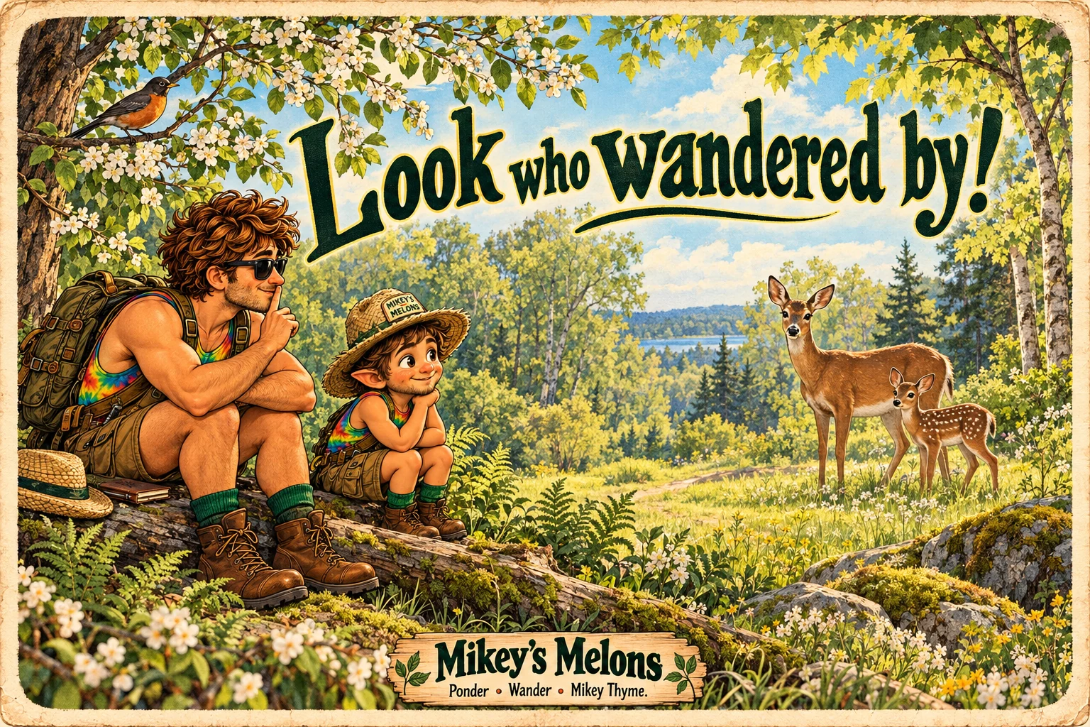 Mikey and Biff pause together as a deer and fawn wander by