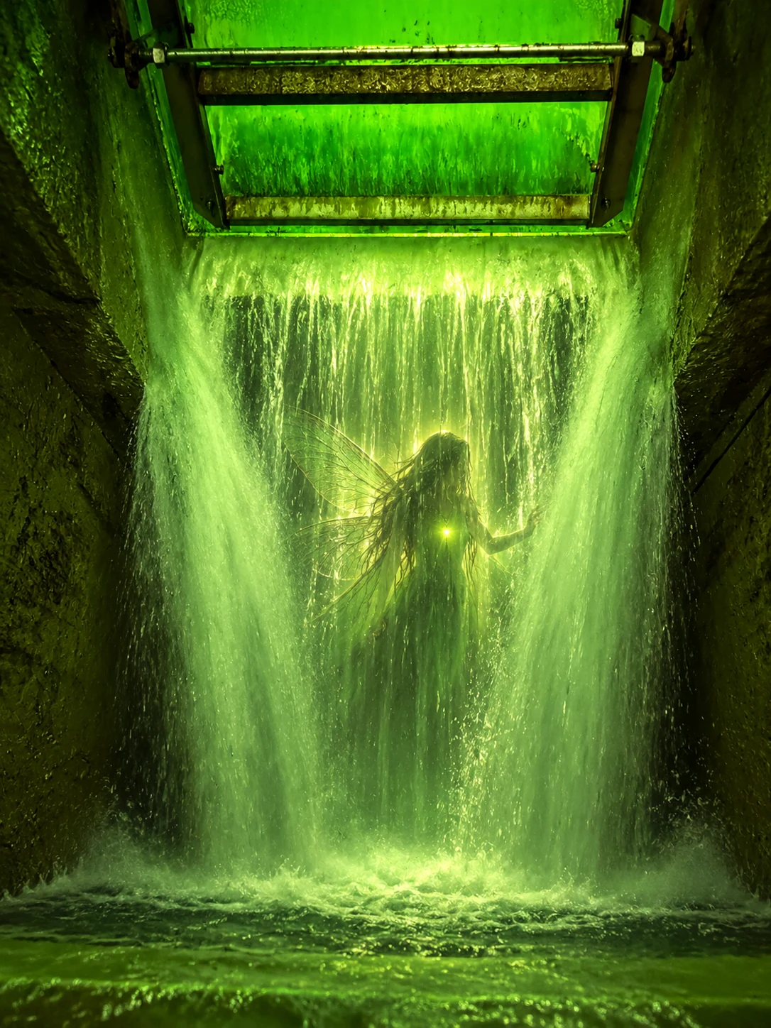 Hope’s green glow shining from behind falling water
