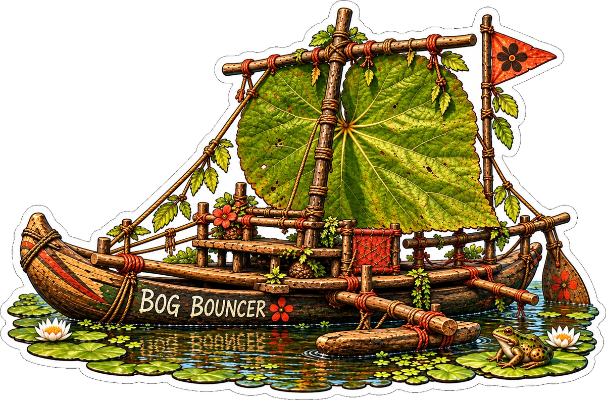 The Bog Bouncer with its leaf sail, outriggers and woodland details