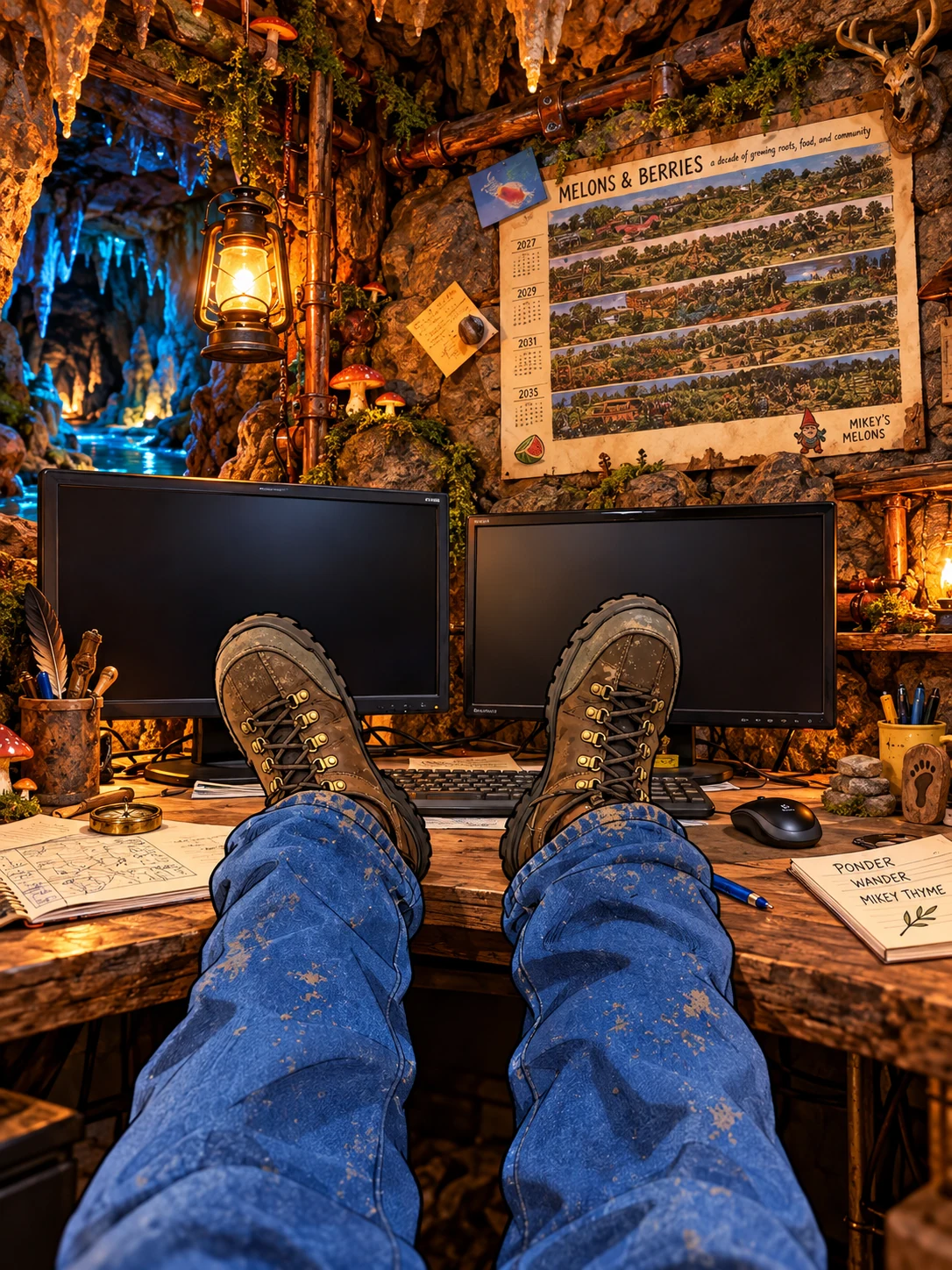 A lantern-lit cave office, with boots up and a notebook close by